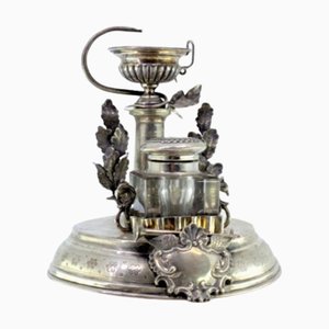 Silver and Glass Inkwell with Embossed Monogram Pharmacy Symbol and Leaves