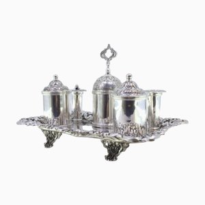 Relief Silver and Glass Inkwell with Pen Holders and Claw-Shaped Feet