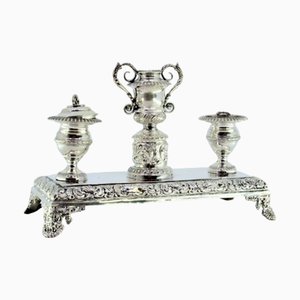 Silver Inkwell with Reliefs and Applications, Pen Holder and Cut-Out Feet