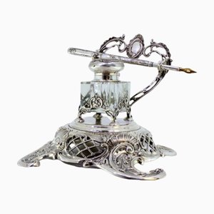 Cut Silver and Glass Inkwell with Pen Holder, Monogram Plaque and Raised Feet