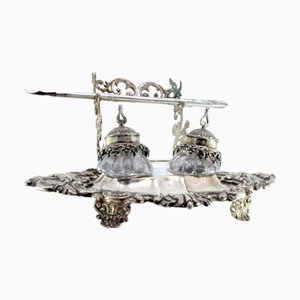 Relief Silver and Glass Inkwell with Pen Holder and Feet
