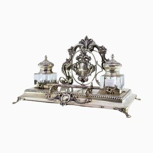 Cut Silver and Glass Inkwell with Letter and Pen Holder, Monogram Cards and Raised Feet