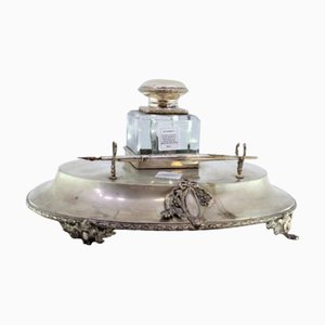 Silver and Glass Inkwell with Pen Holder, Monogram Plaque and Raised Feet