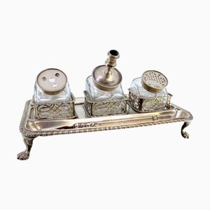 Silver and Glass Inkwell with Friezes and Claw-Shaped Feet