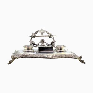 Relief Silver and Glass Inkwell Ceramic Interior Cores, Pen Holder, Stamp Tank and Feet