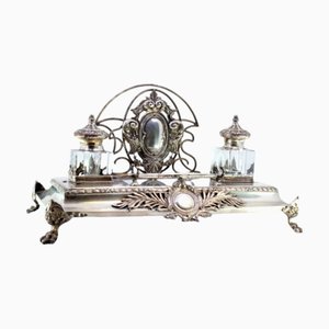 Relief Silver and Glass Inkwell with Monogram Cards, Frieze and Claw-Shaped Feet with Wooden Base