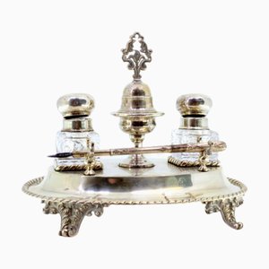 Silver and Glass Inkwell with Bell-Shaped Base, Pen Holder and Raised Feet