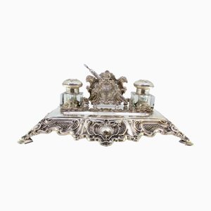 Inkwell in Cut Silver with Shell Reliefs, Letter Holder, Pen and Feet