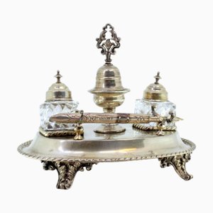 Silver and Glass Inkwell with Silver Lids and Pen Base with Reliefs
