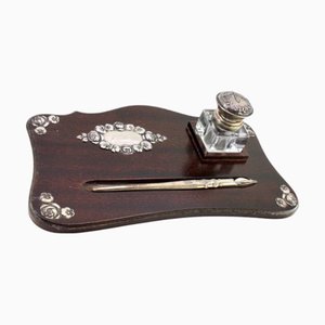 Wooden Inkwell with Floral Motifs, Silver Tank and Pen