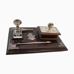 Wooden Inkwell with Silver Applications, Pen, Ink Tank, Blotter and Seal
