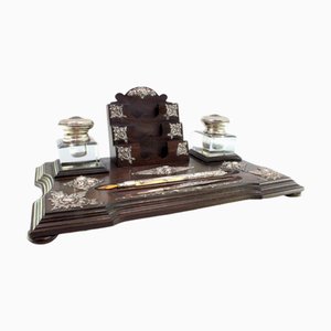 Rosewood and Glass Inkwell with Silver Applications, Pens, Business Card Holder and Feet