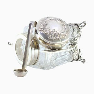Kompottschale aus Silber und Glas mit floralen Motiven, Deckel mit Monogramm-Plakette und durchbrochenen Füßen