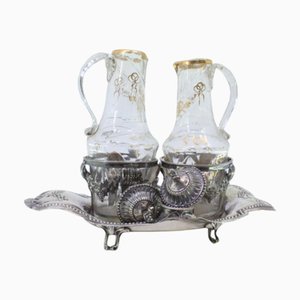 Schiffsförmige Menagen aus Silber & Goldbemaltem Glas, 3 . Set