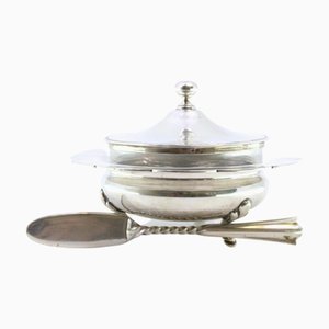 Butterdose aus Silber und Glas mit Randperlen, Knopfdeckel und Messer mit gedrehtem Griff, 2 . Set