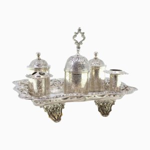Inkwell in Chiseled Silver with Pen Holders, Tanks, Bell and Feet with Floral Reliefs
