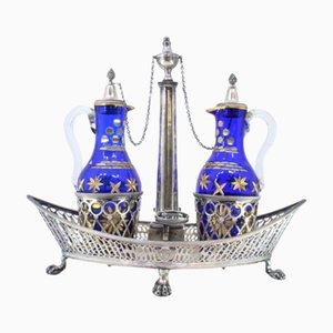 Silver and Blue Glass Cruet Set with Gold Details, Set of 3