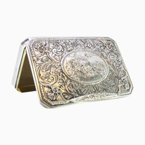 Silver Snuff Box with Raised Card with Country Motifs, Hinged Lid and Golden Interior