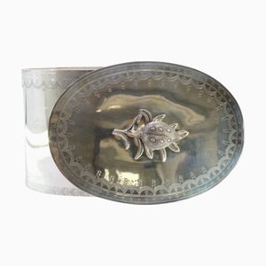 Elliptical Engraved Silver Tea Box with Fruit-Shaped Handle on Branch