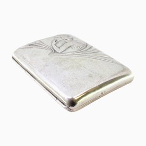 Art Nouveau Silver Cigarette Case with Young Lady Figure Lid and Gold Interior
