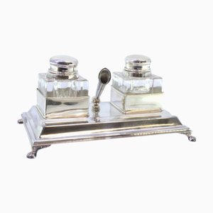 Silver and Glass Inkwell with Pen Holder, Frieze and Claw-Shaped Feet