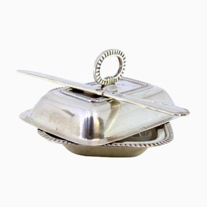 Silver and Glass Butter Dish with Embossed Trim, Lid with Knob and Knife