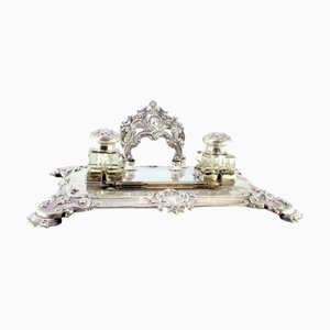Silver and Glass Inkwell with Shell Reliefs, Monogram Card and Letter Holder