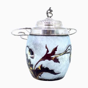 Glass Candy Box with Embossed Engravings, Silver Applications and Lid with Hollow Knob and Hinged Handle