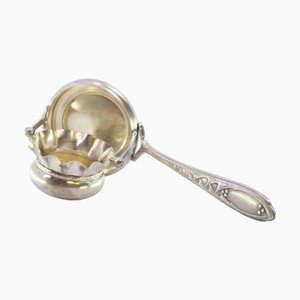Silver Tea Strainer with Cup-Shaped Deposi, Handle Reliefs and Monogram Card