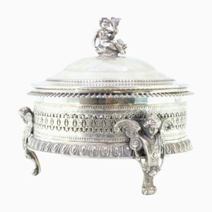 Grid Style Cut Silver Bonbonniere with Pearly Edge Frieze, Angels and Lid Knob