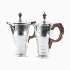 Silberner Milchkännchen und Kaffeekanne mit Perlenrand, Holzgriffen und Deckeln, 2er Set