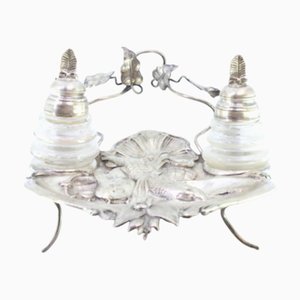 Silver and Glass Inkwell with Embossed Fish Figure and Acanthus Leaves