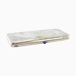 Silver Glasses Case with Engravings and Blue Cabochon Application