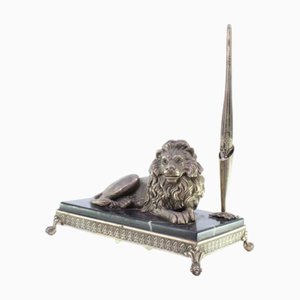 Silver Inkwell with Lion Figure and Pen on Marble and Silver Base with Claw-Shaped Feet