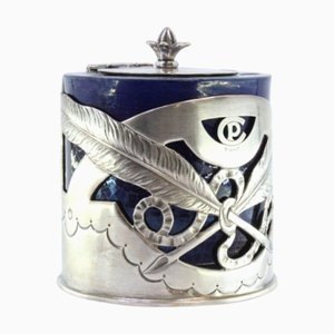Silver and Blue Glass Inkwell with Writing Motifs and Pen Holder