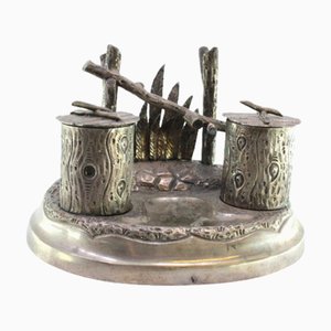 Silver Inkwell with Trunk-Shaped Reservoirs, Pen Holder and Raised Base