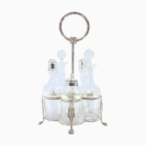Silver and Glass Cruet with Salt Shaker, Pepper Shaker and Mustard Pot, Set of 5