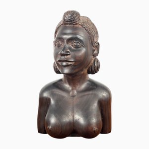 Buste de Femme Sculpté à la Main en Bois Noir, 1980s
