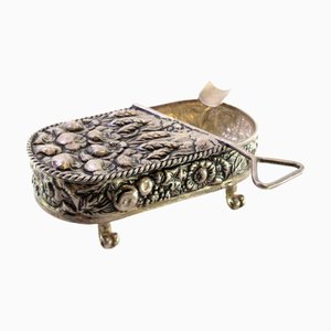 Tin Can-Shaped Silver Ashtray with Floral Motifs and Twisted Feet