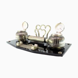 Silver Inkwell with Calendar Tanks and Pen and Letter Holder