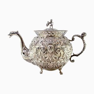 Coffee Pot in Silver Relief with Female and Elf Faces, Lid with Lion-Shaped Handle and Claw-Shaped Feet