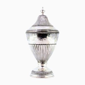 Fluted Silver Candy Box with Engraved Plant Motifs and Knob Lid