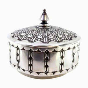 Circular Embossed Silver Box with Knob Lid