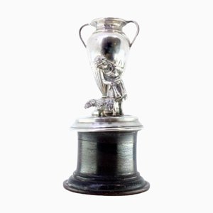 Silver Toothpick Holder with Girl and Goose on Wooden Base