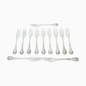 Silver Cake Forks with Trims and Shell Handles, Set of 12
