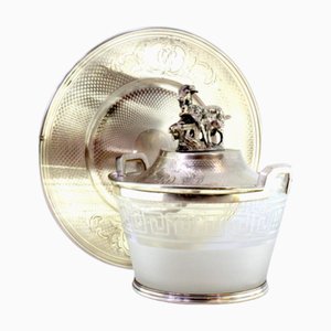 Silver Bonbonniere with Guilloche Plate, Lid, Handle with Grazing Goat and Monogram Cards