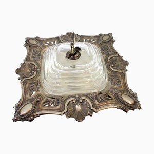 Cheese Dish in Silver with Monogram Cards, Cut Glass Core and Knob Lid