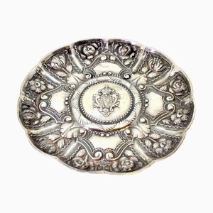Silver Wall Tray with Portuguese Coat of Arms in Relief and Pearl Frieze with Floral Motifs