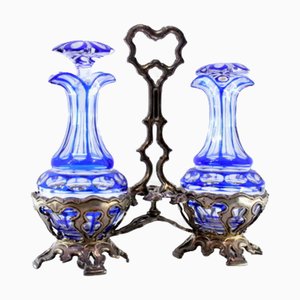 Menage mit Strukturschliff in Silber mit zwei Menagen aus geschliffenem Glas, 3 . Set
