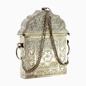 Silver Snuff Box with Hebrew-Style Engravings and Double Safety Chain